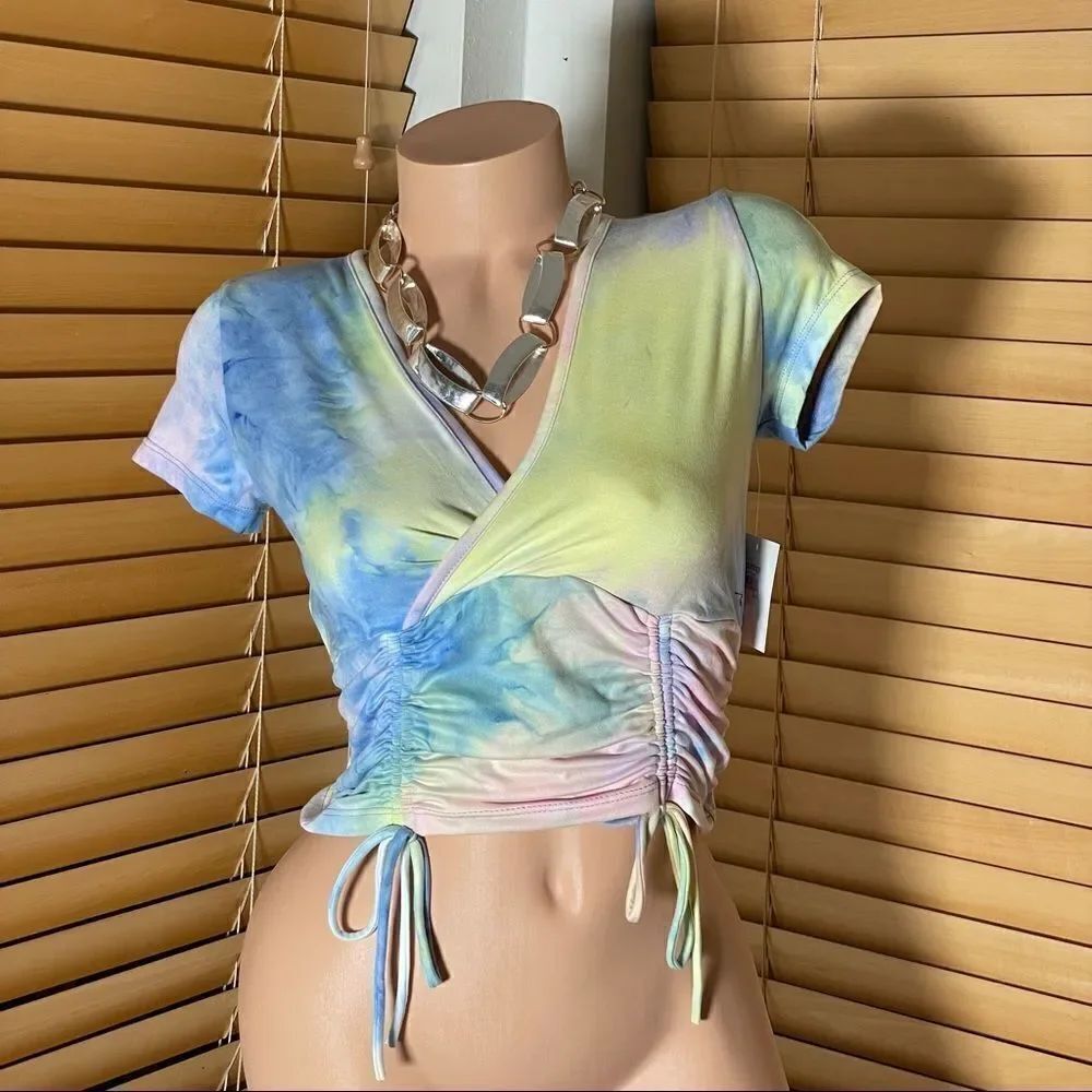 NWT Free Kisses Cinched Stretch Tie Dye Pink Blue, Yellow Green Short Sleeve Top